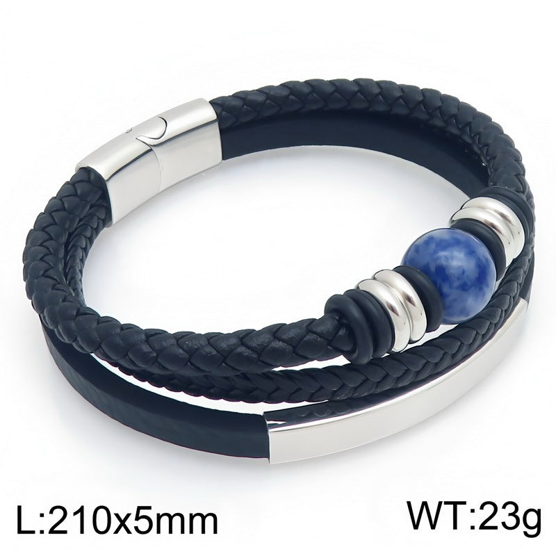 Turquoise Tiger's Eye Stone Multi-Layer Woven Leather Bracelet Lettering Curved Bar