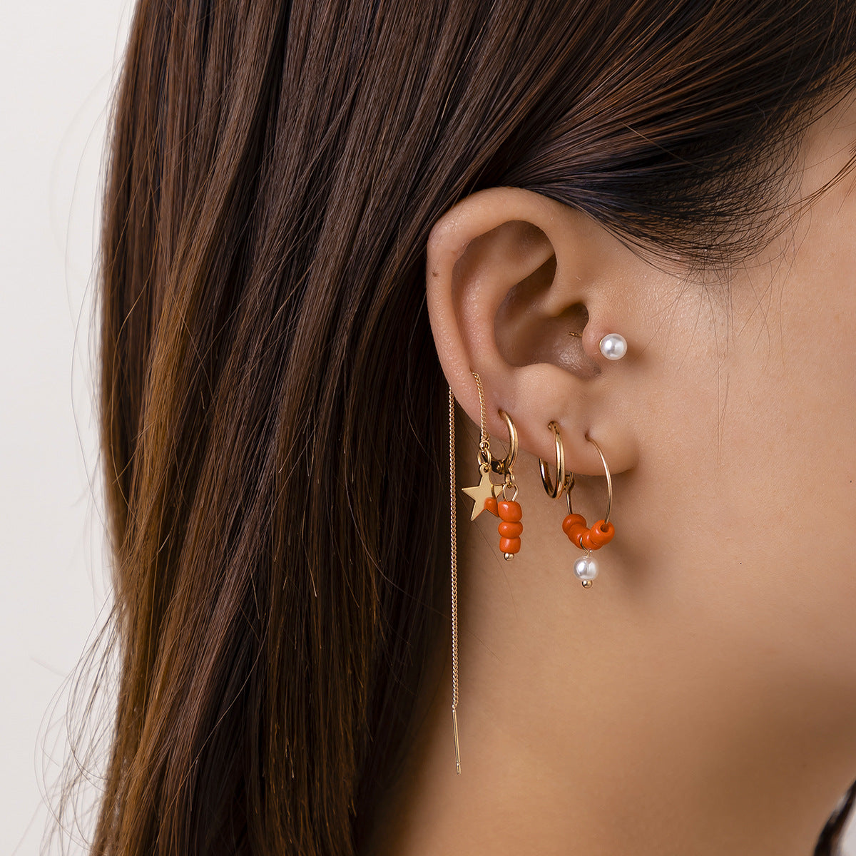 Beige Pearl Earrings and Geometric Star Shaped Earrings Set with Cross-border Jewelry