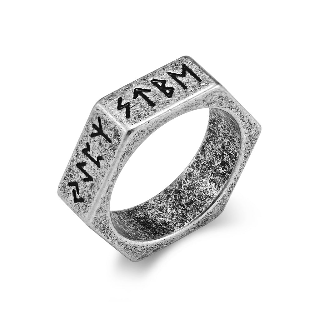 Planderful Everyday Genie Stainless Steel Ring With Hexagonal Niche And Pirate Viking Text For Hipster Vibe
