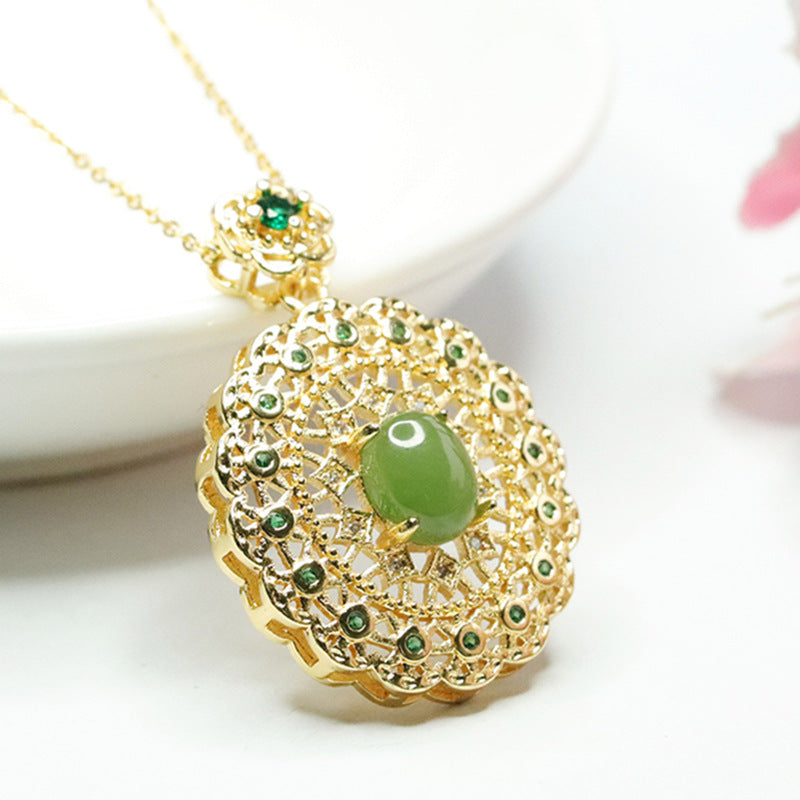 Hollow Lace Zircon Necklace with Hetian Jade Oval Jasper Pendant