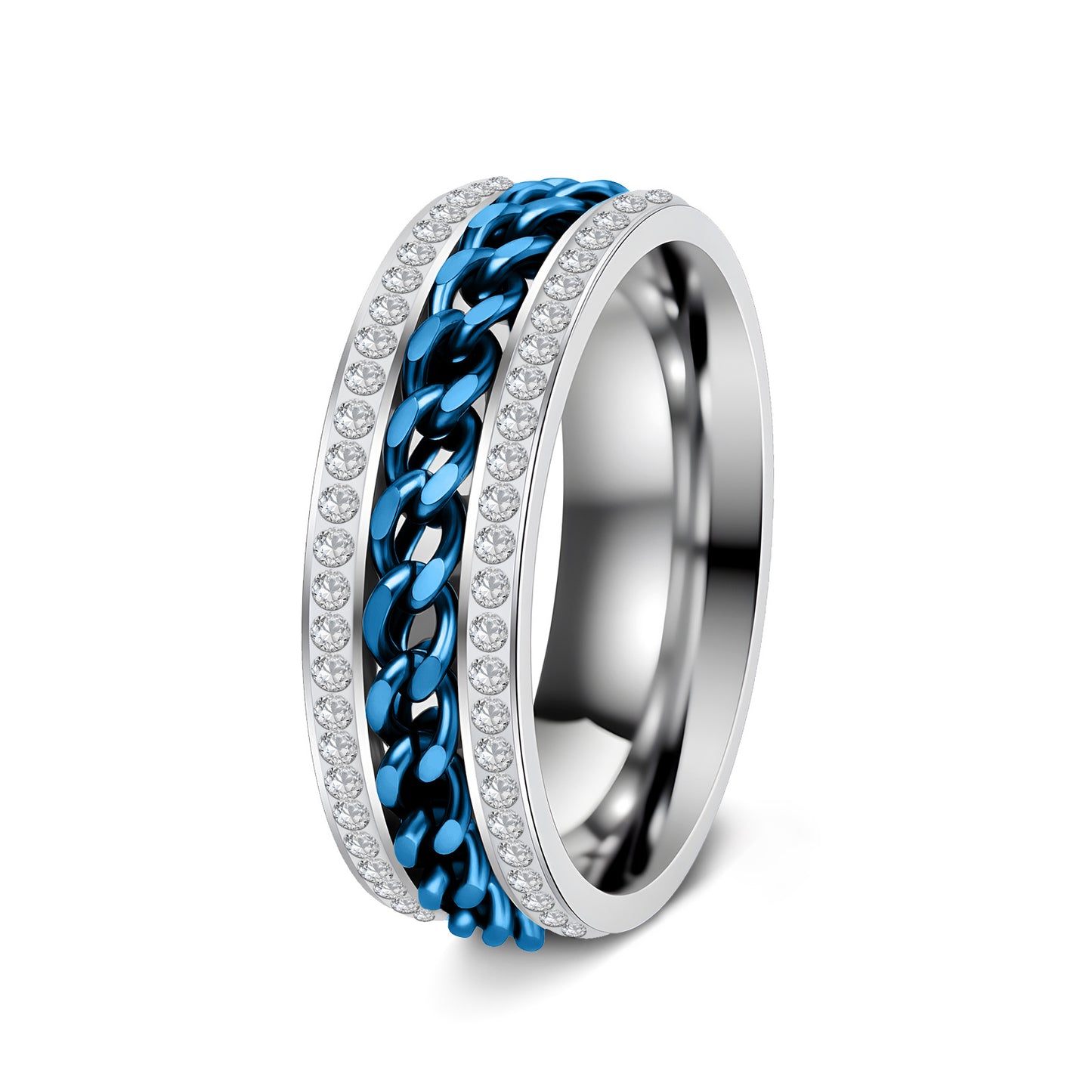 Planderful Everyday Genie Stainless Steel Rotatable Chain Double Row Zircon Couple Ring For Unisex