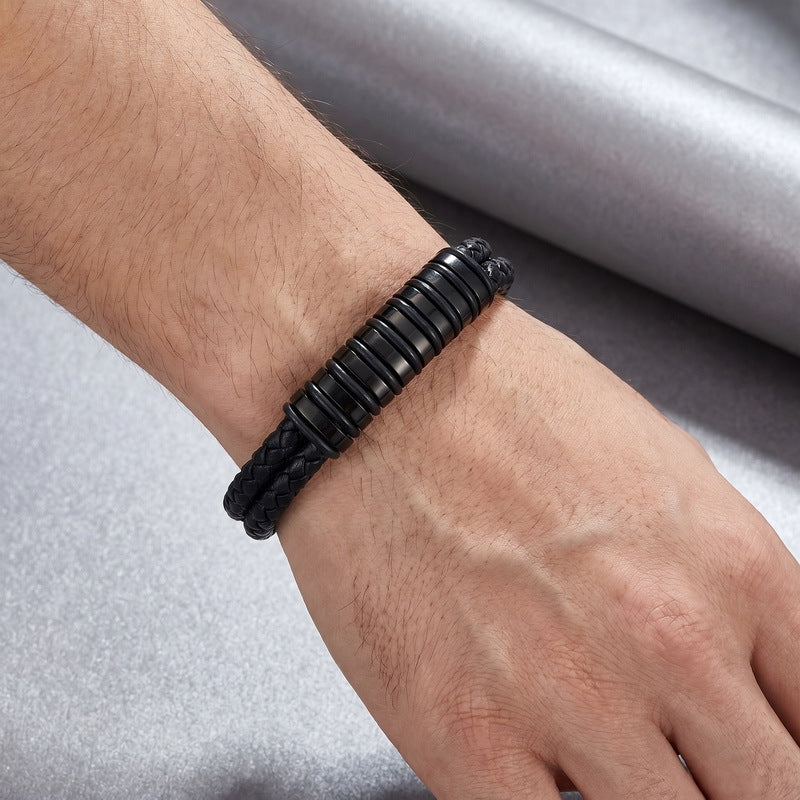 Blue/Black Leather Bracelet Double Layer Braided Microfiber Leather Stainless Steel