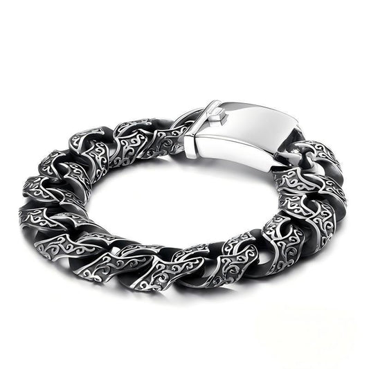 Punk National Style Men's Bracelet Double-Sided Tang Grass Pattern Thick Cuban Chain