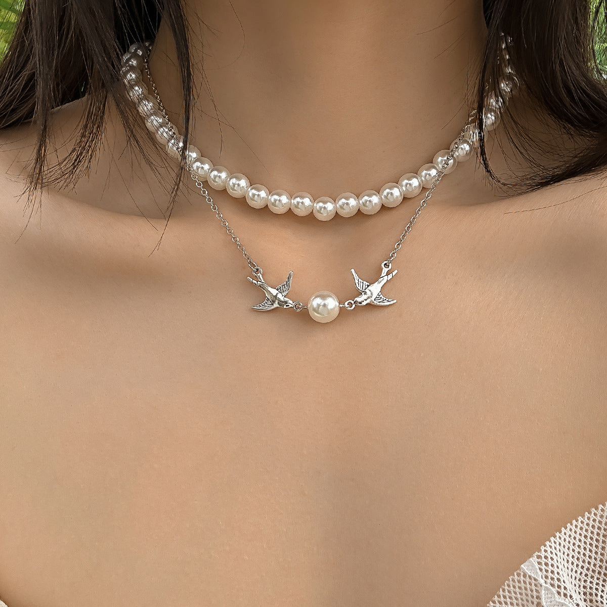 European and American Style Jewelry: Elegant Beaded Pendant, Delicate Collarbone Necklace, Unique Imitation Pearl Double-layered Bird Necklace for Women
