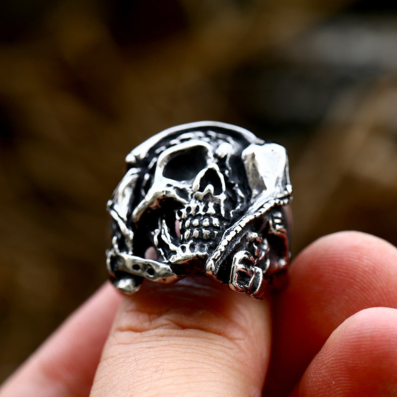 Titanium Steel Men's Skull Ring - European and American Hip Hop Retro Design, Wholesale Domineering Style