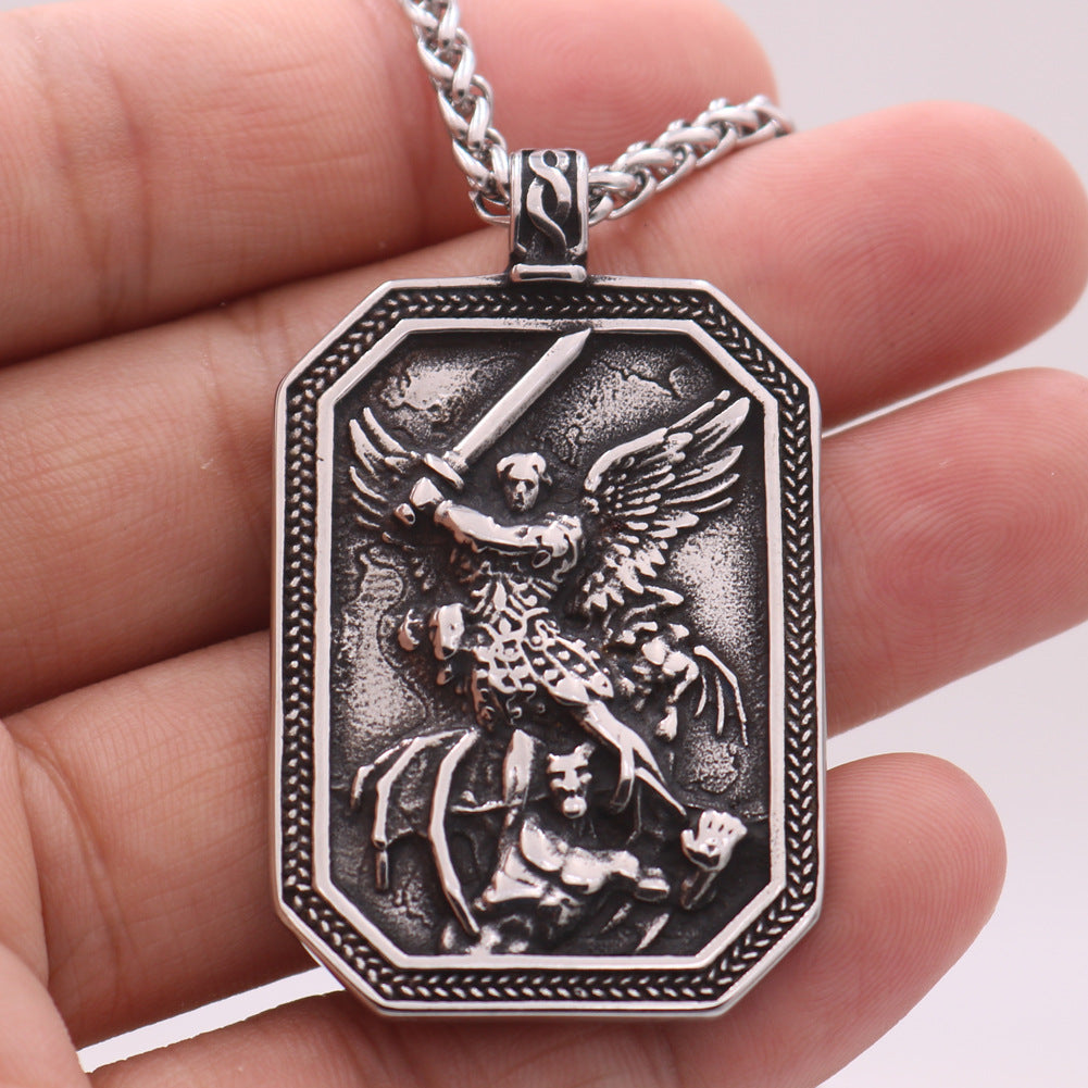 Guardian Angel Vintage Steel Pendant Necklace for Men with Long Sweater Chain