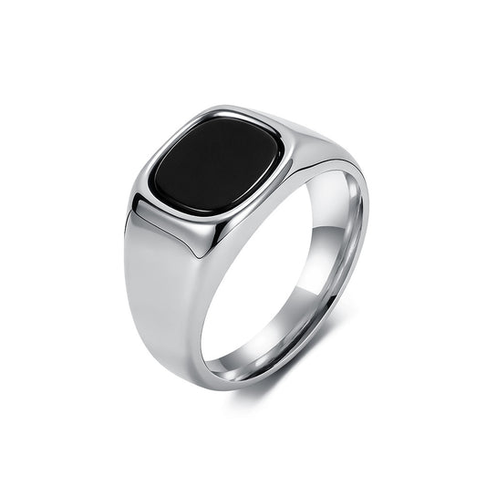 Square Black Gemstone Stainless Steel Ring