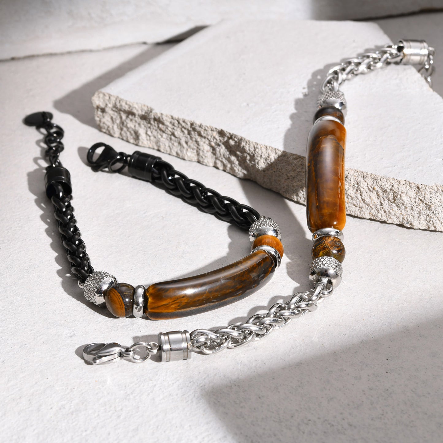 Stainless Steel Flower Basket Chain Black Agate Tiger's Eye Beaded Bracelet for Men