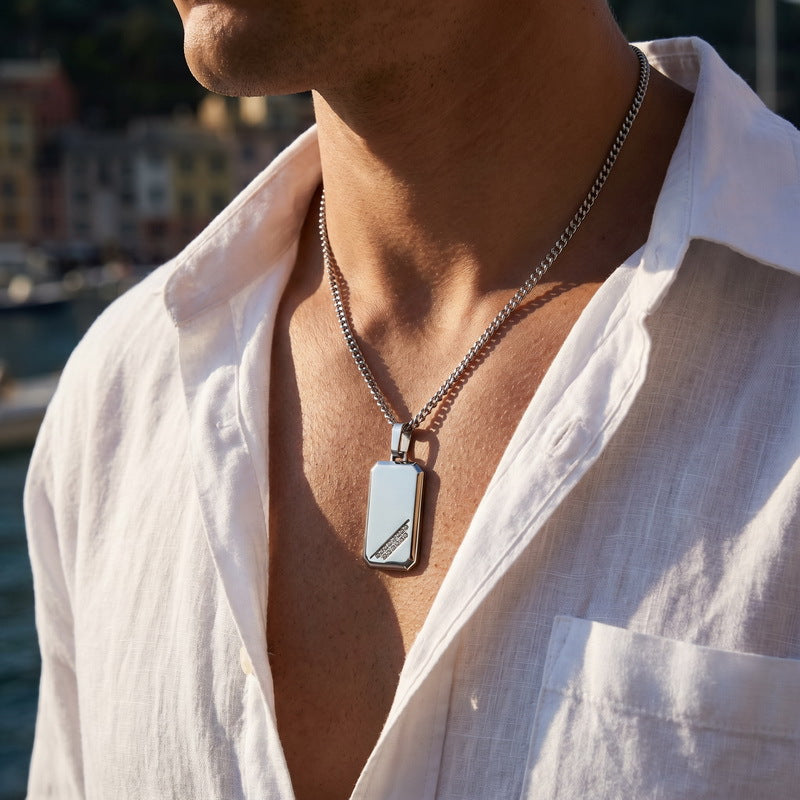 Hip-Hop Style Square Inlaid Double-Row Zircon Pendant Stainless Steel Smooth Military Brand Double-Sided Necklace