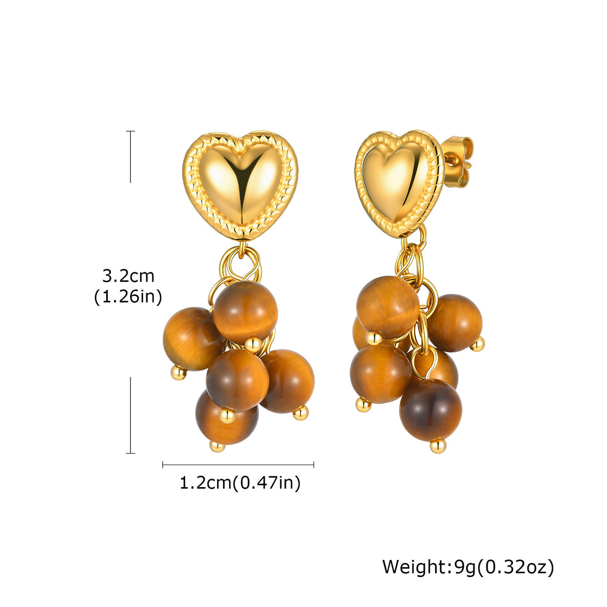 Stainless Steel Tiger's Eye Heart Earrings