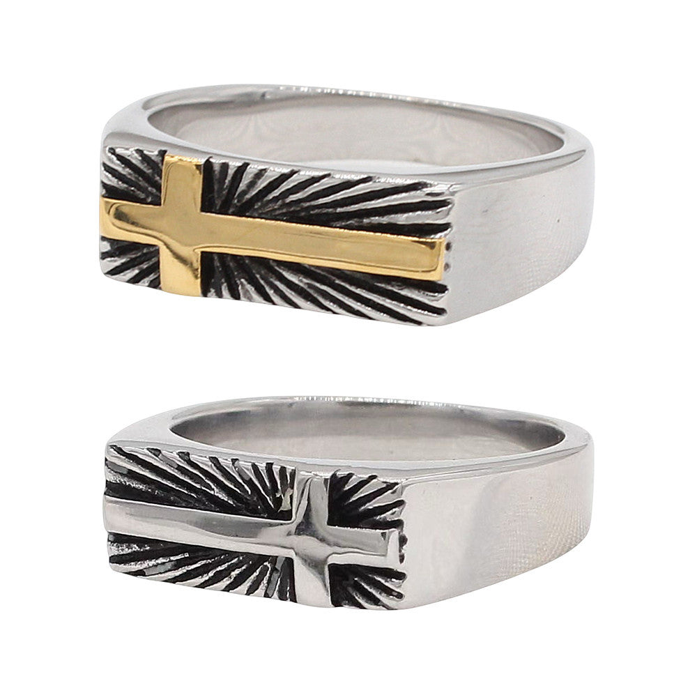 Planderful Jewelry Mens Retro Cross Ring Titanium Steel European American Style Size 7 8 9 10 11 12 13