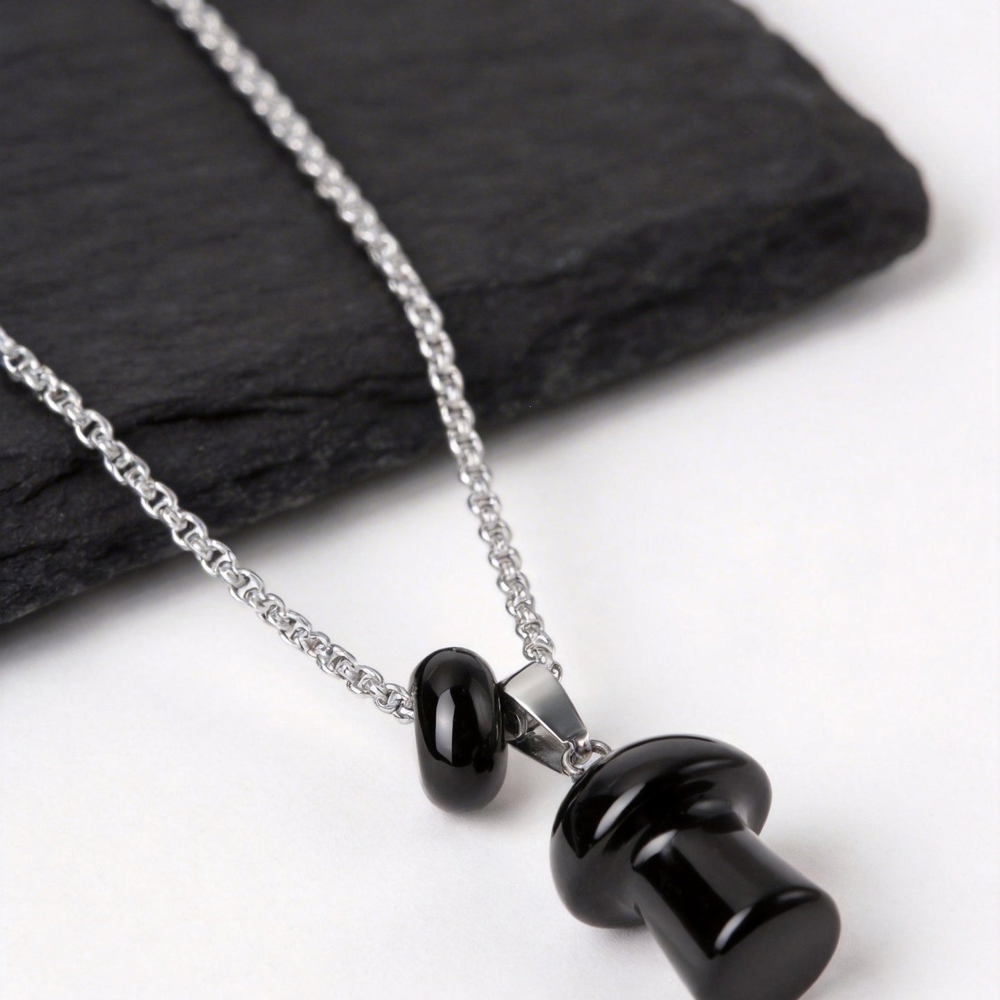 Stainless Steel Natural Tiger's Eye Stone Obsidian Mushroom Necklace Daily