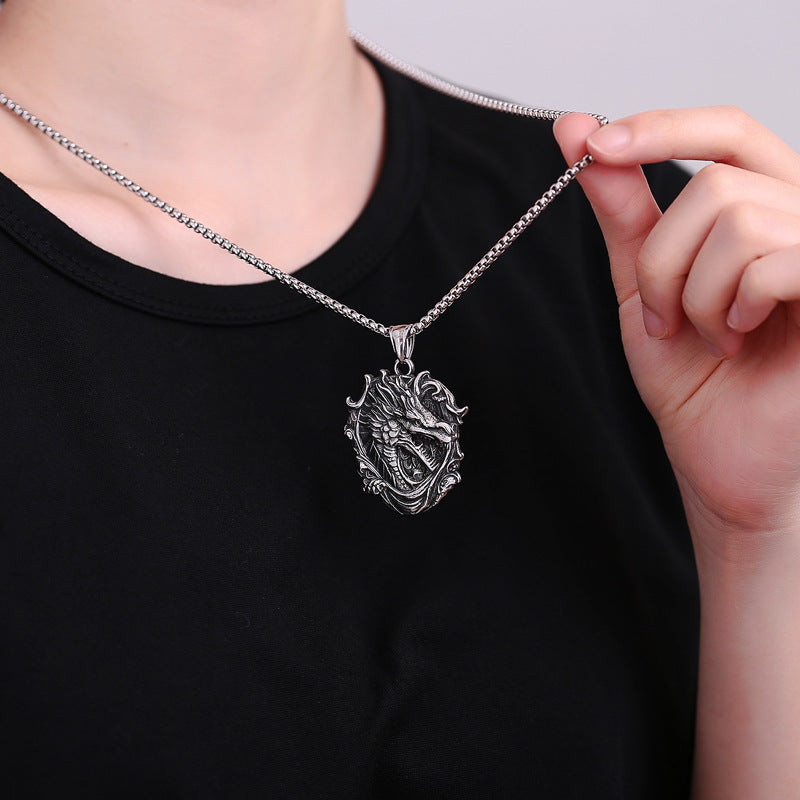 Steel Necklace Statement Dragon Pendant