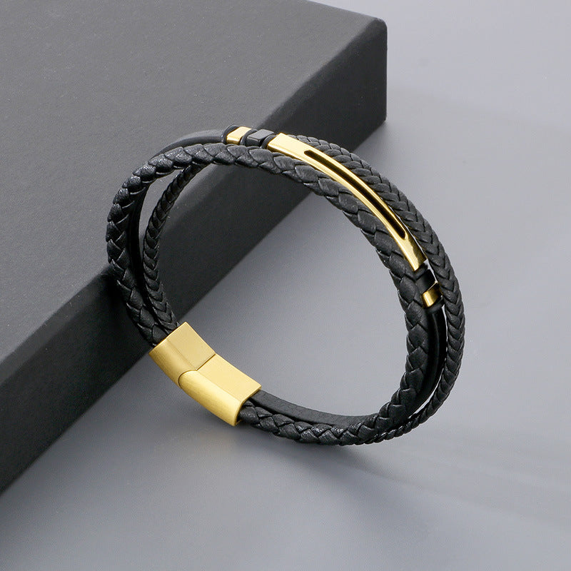 Planderful Stainless Steel Leather Rope Bracelet Men Black