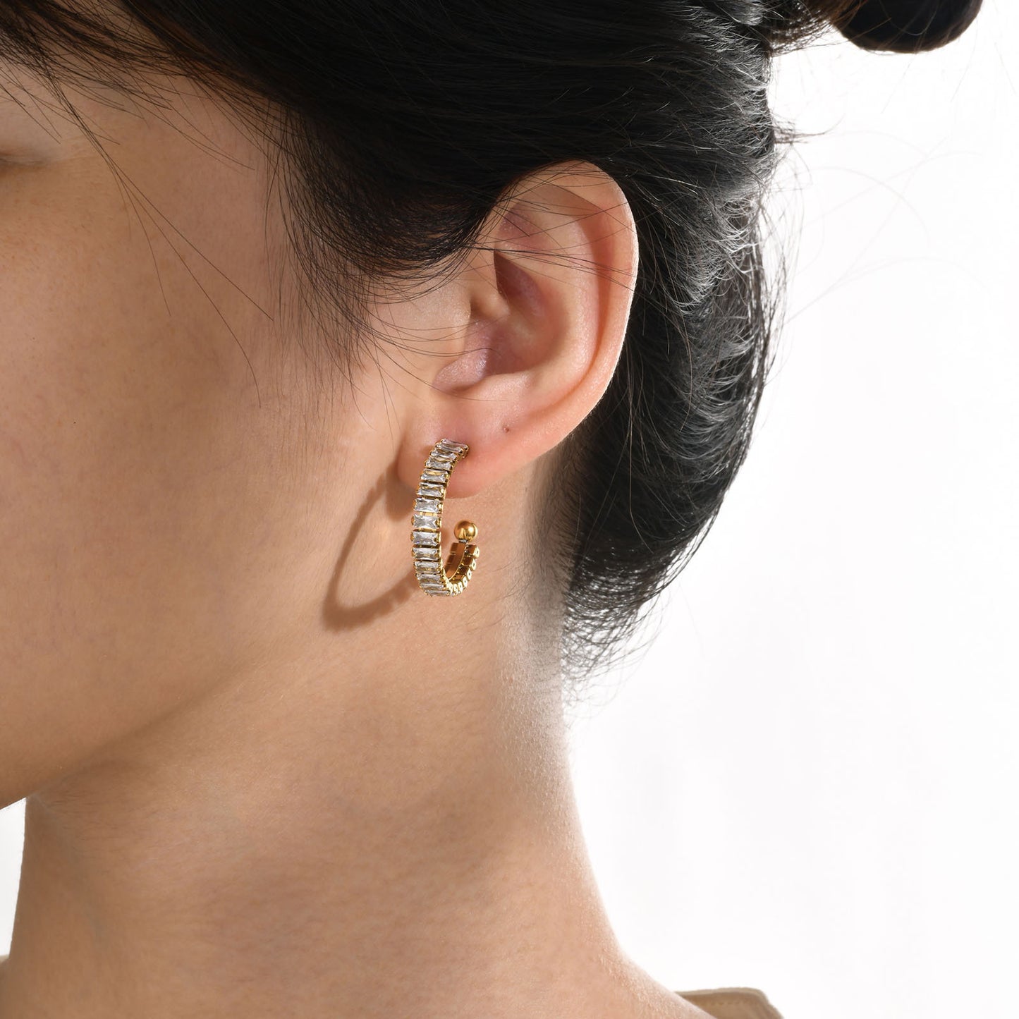 Stainless Steel White Zircon 18K Gold U-Shaped Earrings Women's