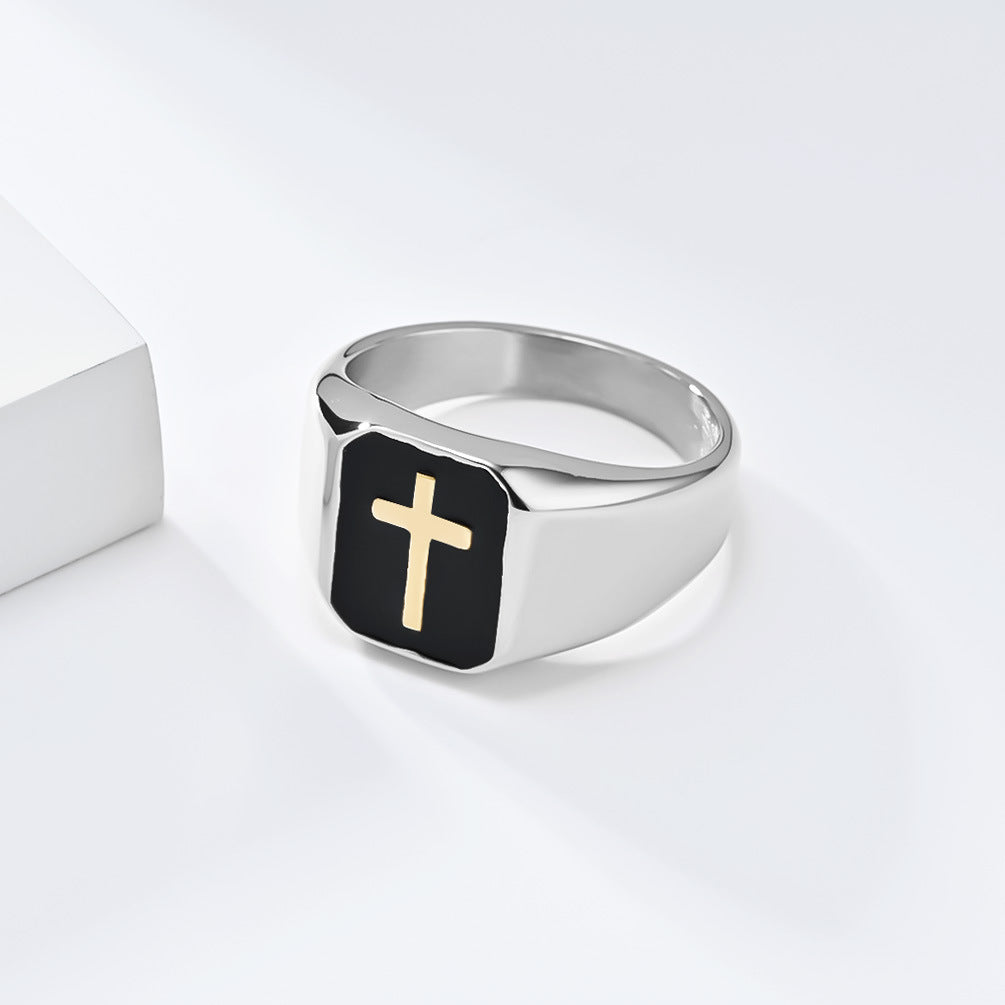 Steel Ring - Statement Punk Hip Hop Seal Cross Design Oil Drop Mens Fashion Ring Planderful