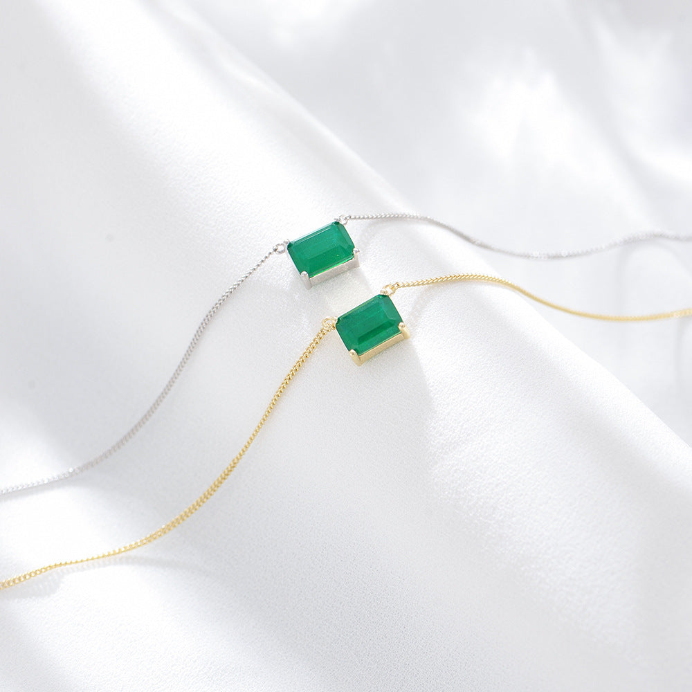 S925 Sterling Silver Square Emerald Colored Gemstone Necklace Sense Single Zircon Necklace