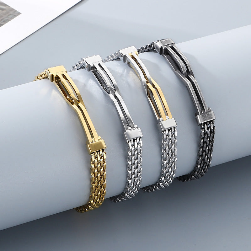 Men's Daily Wear Wind Niche Mesh Chain Titanium Steel Hollow Irregular Curved Bar Men's Bracelet