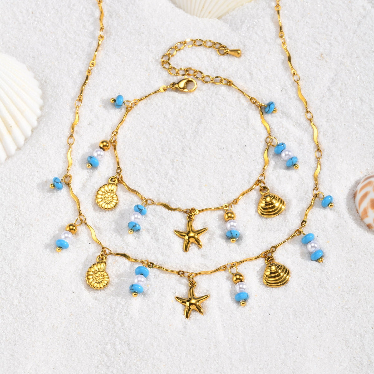 Ocean Wind Stainless Steel Turquoise Imitation Pearl Conch Starfish Shell Wave Bead Necklace