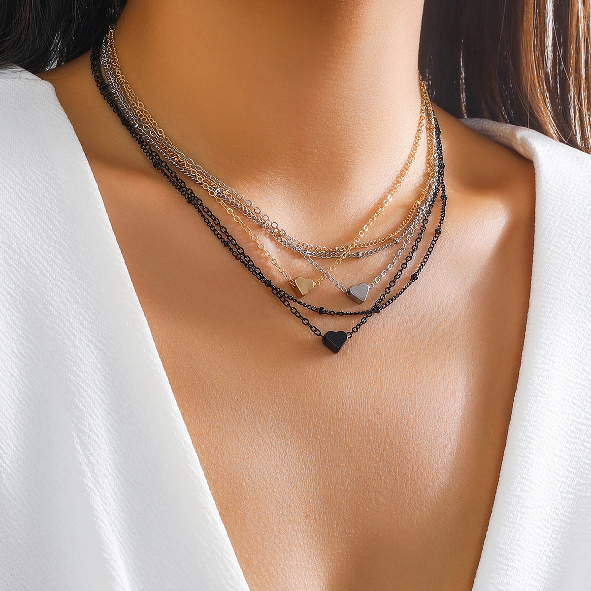 Colorful Heart-shaped Layered Necklace with Punk Geometric Chain