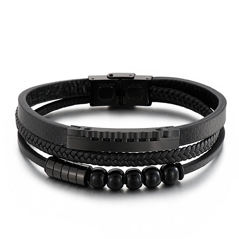 Planderful Mens Personalized Woven Leather Beaded Bracelet
