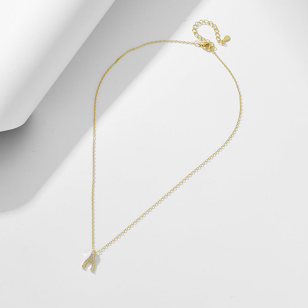 Korean Version Inlaid Zircon Necklace Geometric Herringbone Pendant S925 Sterling Silver Wishing Bone Women