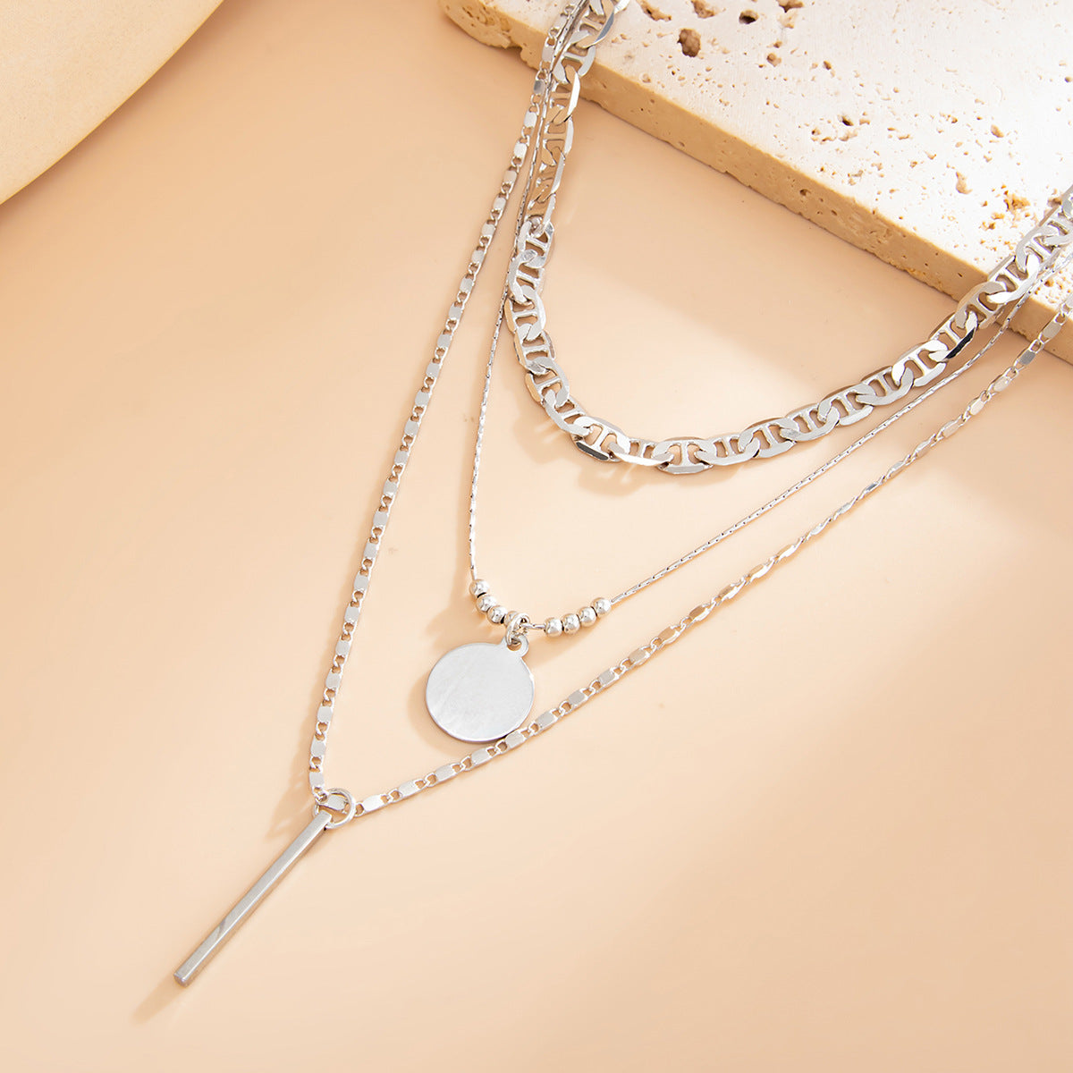 Disc & Bar Pendant Layered Chain Necklace