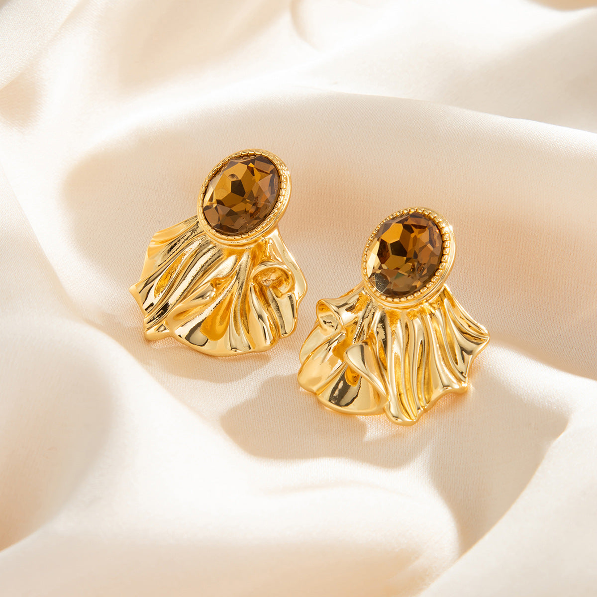 Planderful Vienna Verve Pleated Wave Petal Stud Earrings For Women Retro Gemstone Liquid Alloy Statement Jewelry