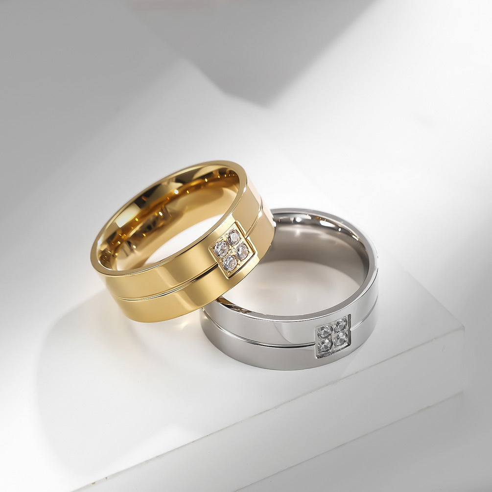Planderful Zircon Inlaid Titanium Steel Ring Unisex Gift For Couples Wedding Proposal