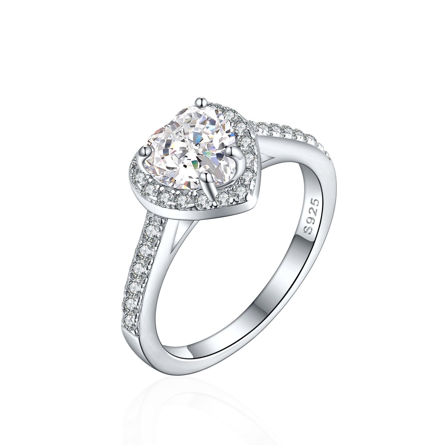 New 925 Sterling Silver 1ct Flame Ice Heart-Shaped Love Ring