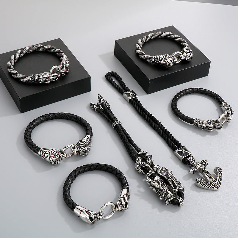 Antique Zodiac Leather Rope Bracelet – Leader Tiger Head Anchor Titanium Steel Men's Leather