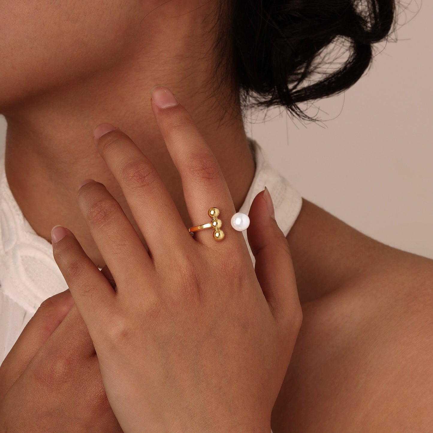 Jewelry Stainless Steel 3 Steel Balls Imitation Pearl Ring