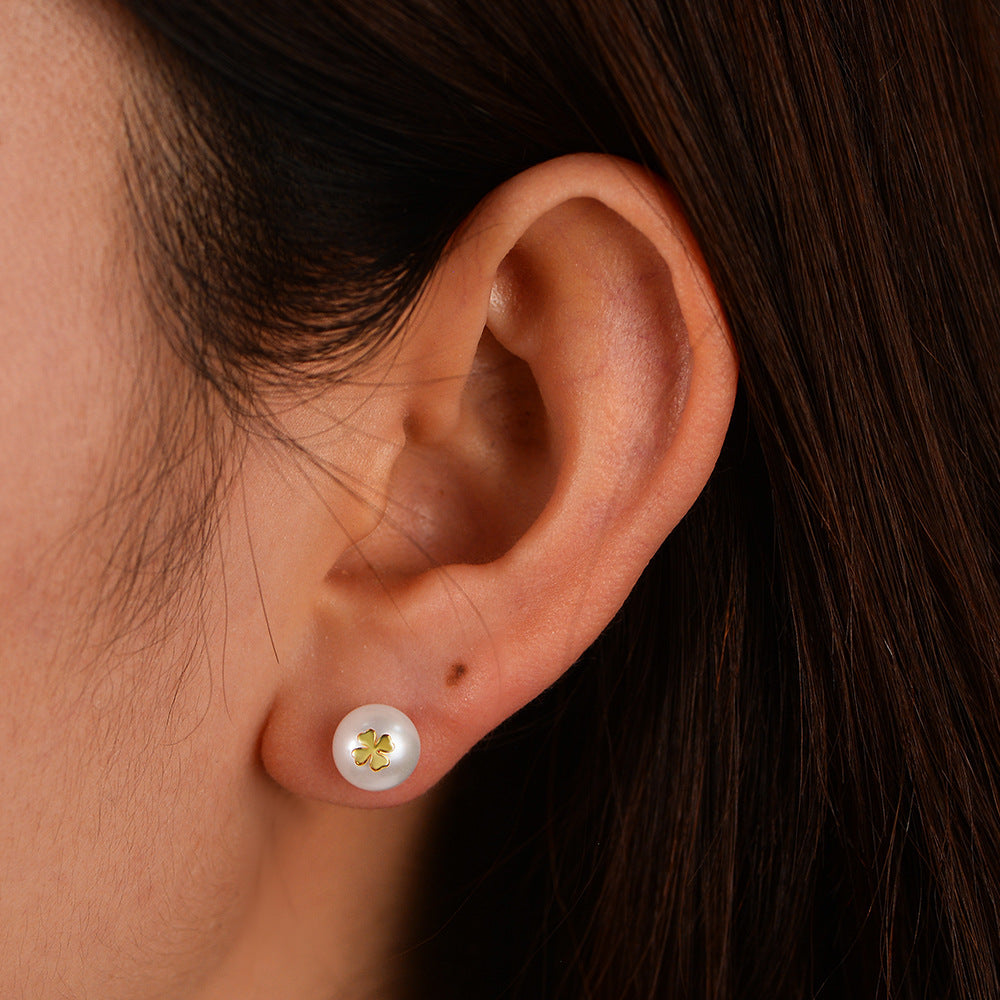 925 Sterling Silver Retro French Natural Pearl Stud Earrings Four-Leaf Clover Earrings And