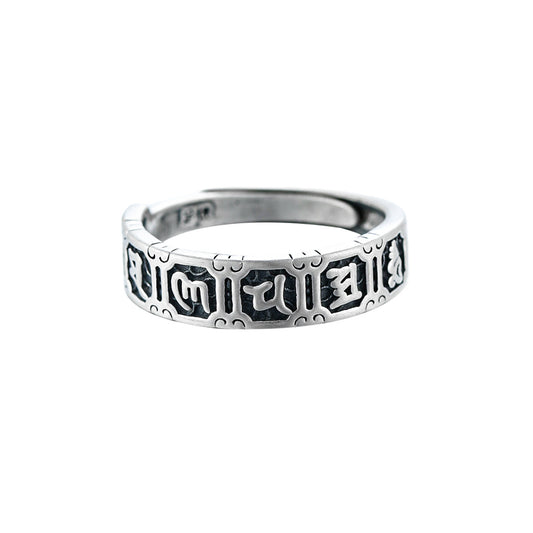 Planderful Sterling Silver Six Character Mantra Ring Unisex Adjustable Opening Versatile Retro Light Luxury