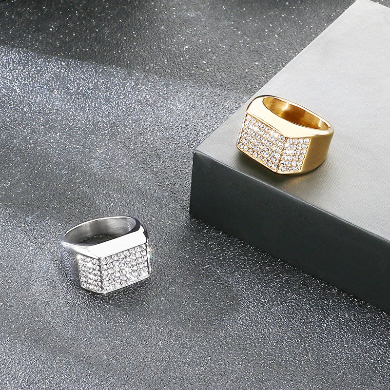 Hip-Hop Nightclub Wide Square Inlaid With Zircon Wrench Finger, Cool Zircon Pentagram Titanium Ring