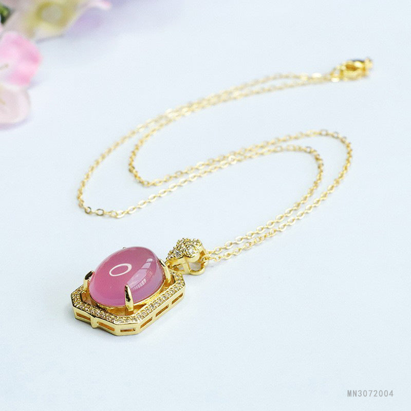 Pink Chalcedony Oval Plaque Pendant — No Chain