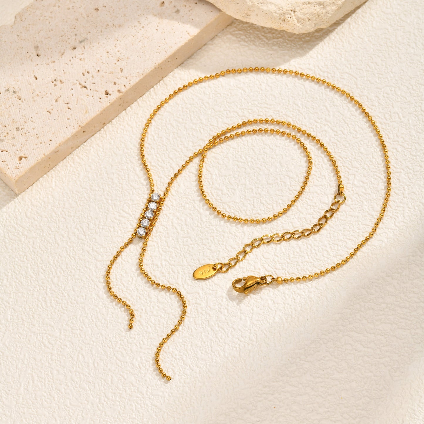Stainless Steel Cold Wind Tassel Wave Bead Zircon Y-Shaped Necklace Gold