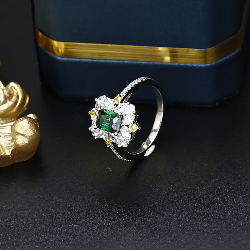 Silver Jewelry Green Zirconium Rectangle 7x5 Gemstone Ring
