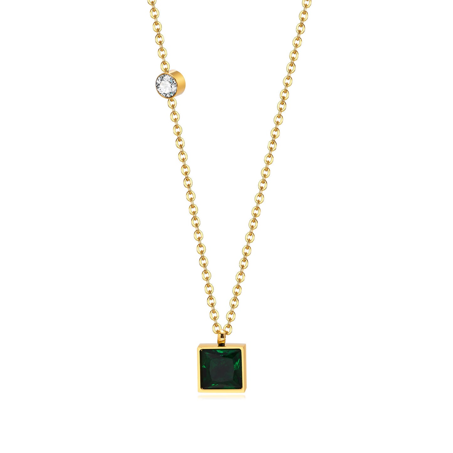 Geometric Necklace Stainless Steel Green Zircon Square Gold Women