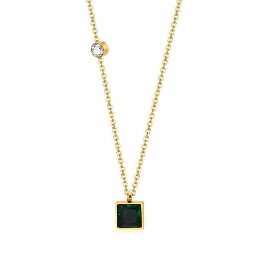 Geometric Necklace Stainless Steel Green Zircon Square Gold Women