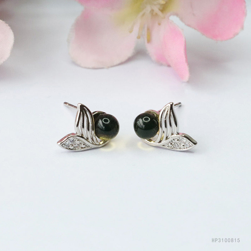 Blue Amber Dolphin 925 Silver Stud Earrings