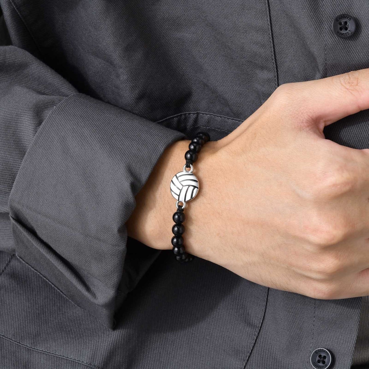 Stainless Steel Basketball Agate Beaded Woven Men's Bracelet