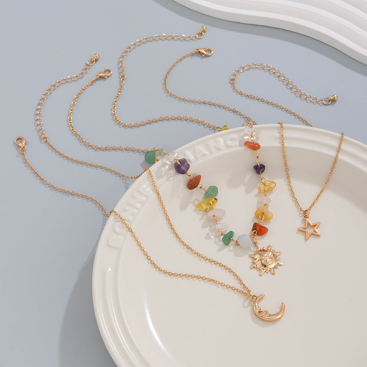 Mint Mambo Wind Vacation Wind Irregular Gravel Necklace Moon Sun Pendant Stacked