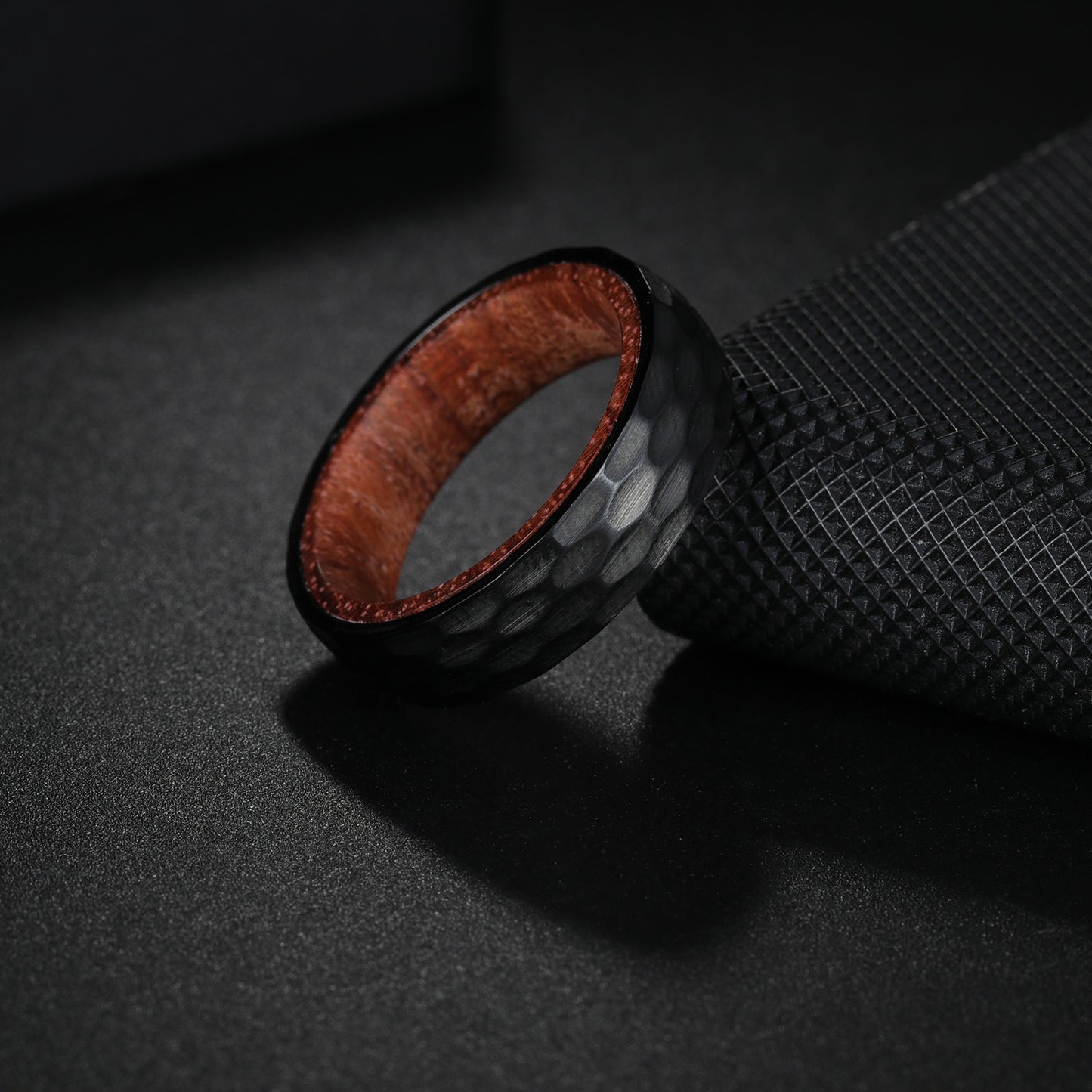 Planderful Everyday Genie Premium Couple Rings Titanium Hammered Outer Ring Solid Wood Inlay Unisex Wedding Band
