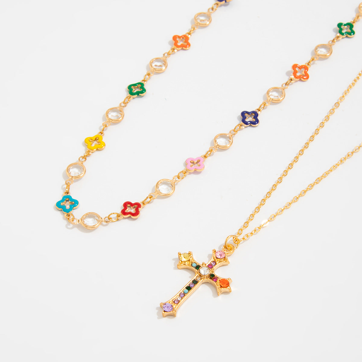 Colorful Floral Cross Layered Necklace