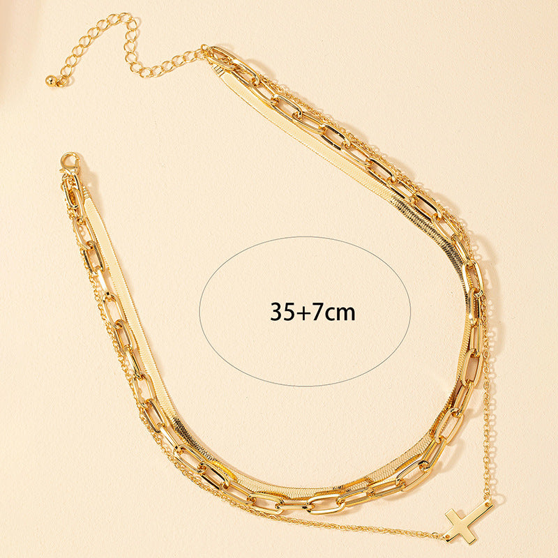 Korean Style Triple Metal Chain Cross Pendant Necklace - Elegant Collarbone Jewelry