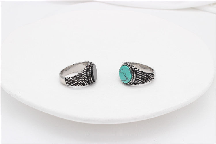 Planderful Turquoise Stone Titanium Steel Ring Unisex Retro European And American Style Personalized Protection