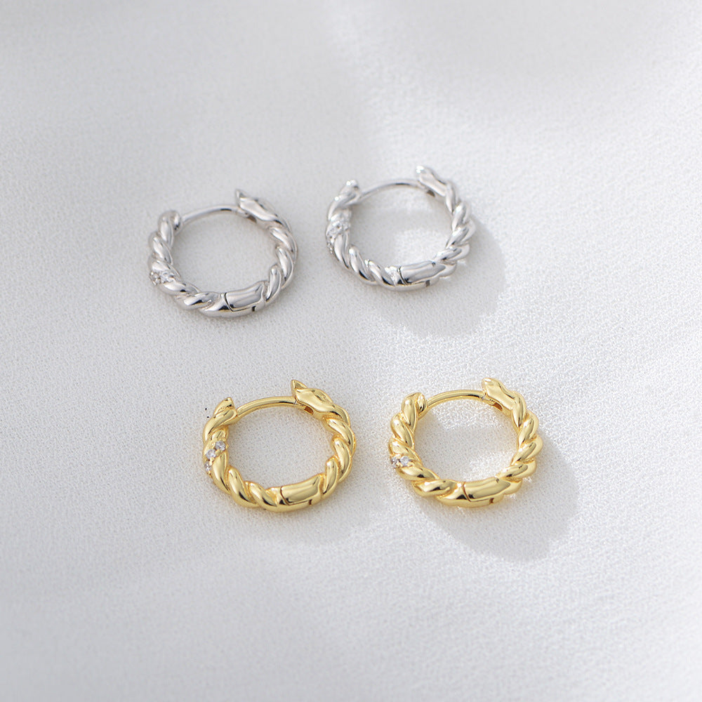 S925 Sterling Silver Earrings, Minimalist Twist Inlaid Zircon Ear Buckle Earrings, Gold-Plated Tremella