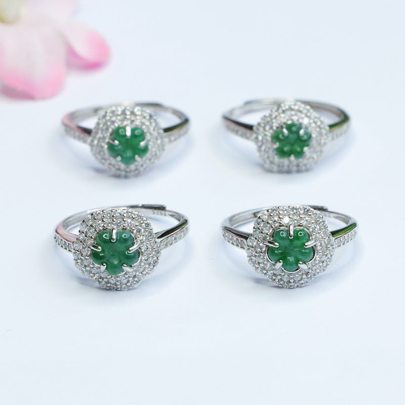 Sterling Silver Adjustable Ring with Ice Green Jade Flower Detail