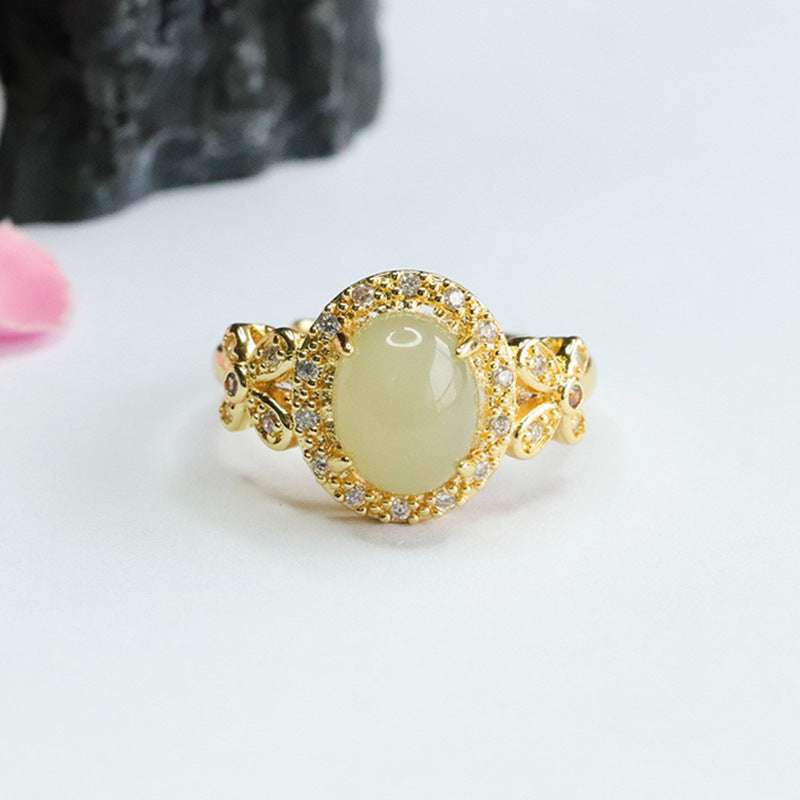 Oval Hotan Jade Zircon Sterling Silver Ring - Luxury Hollow Jewelry